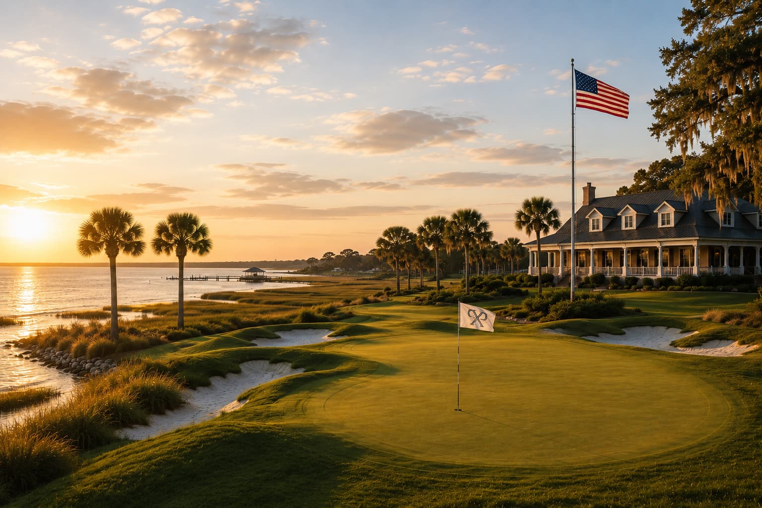 A championship golf course at dusk